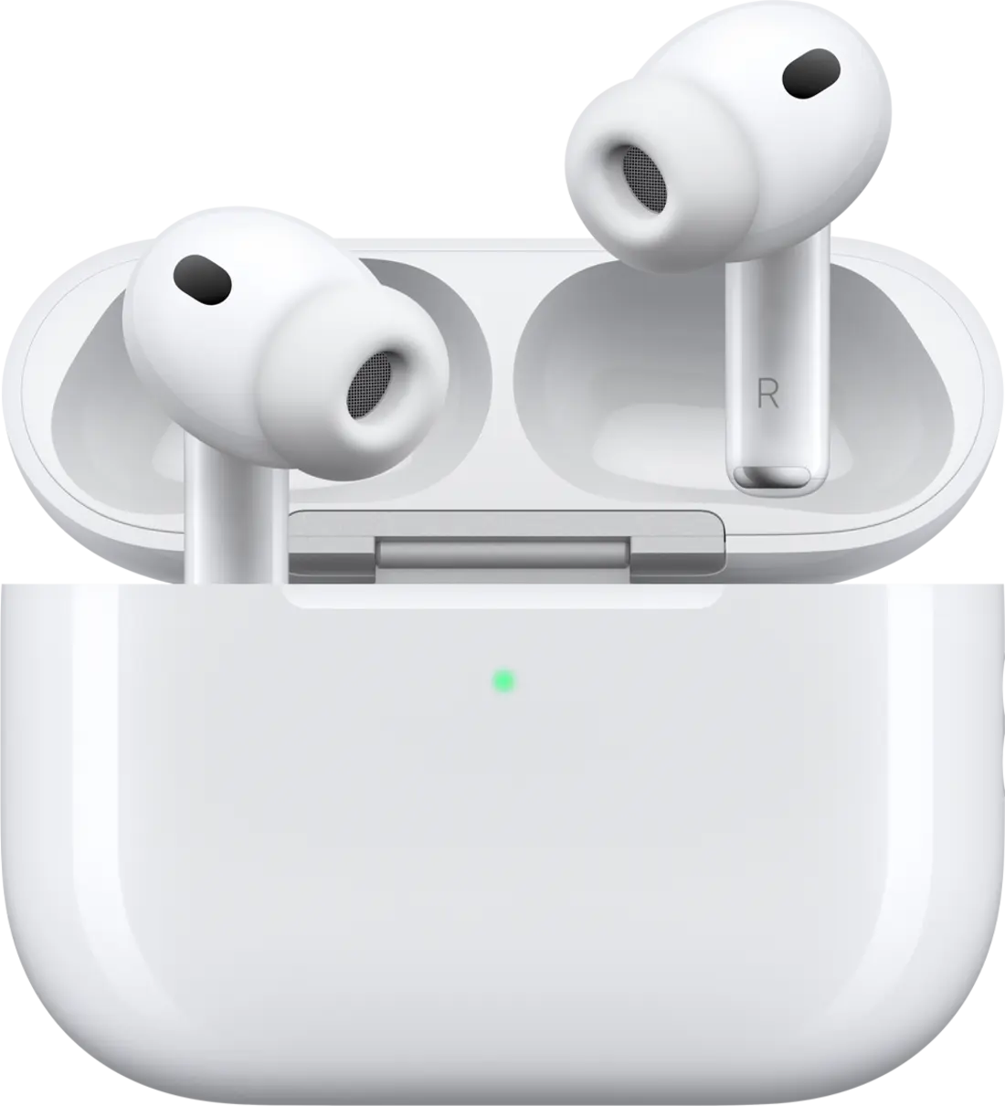 AirPods Pro 3 charging case, open, with a single green status light
