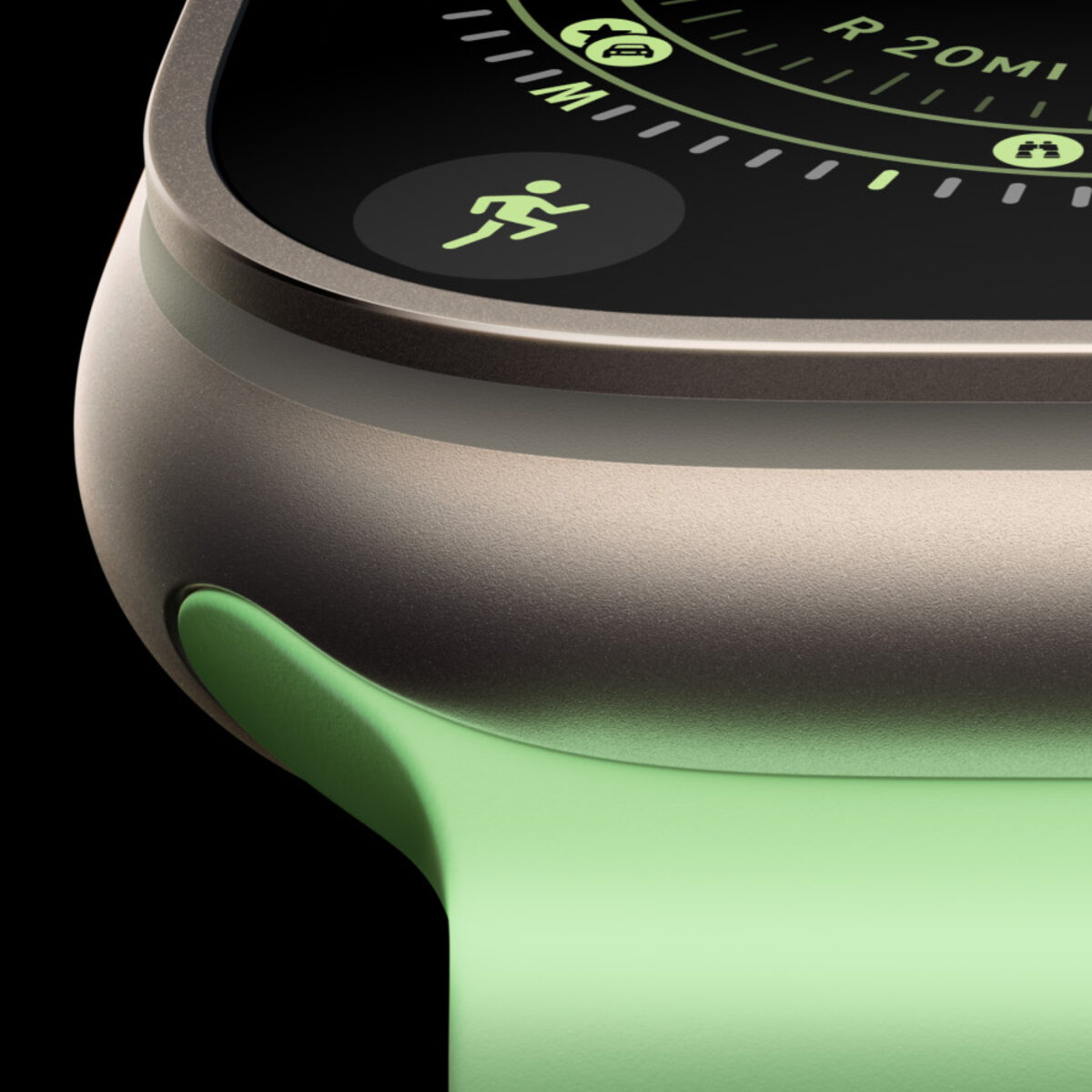 Titanium study: the brushed grade-5 case of Apple Watch Ultra in near darkness