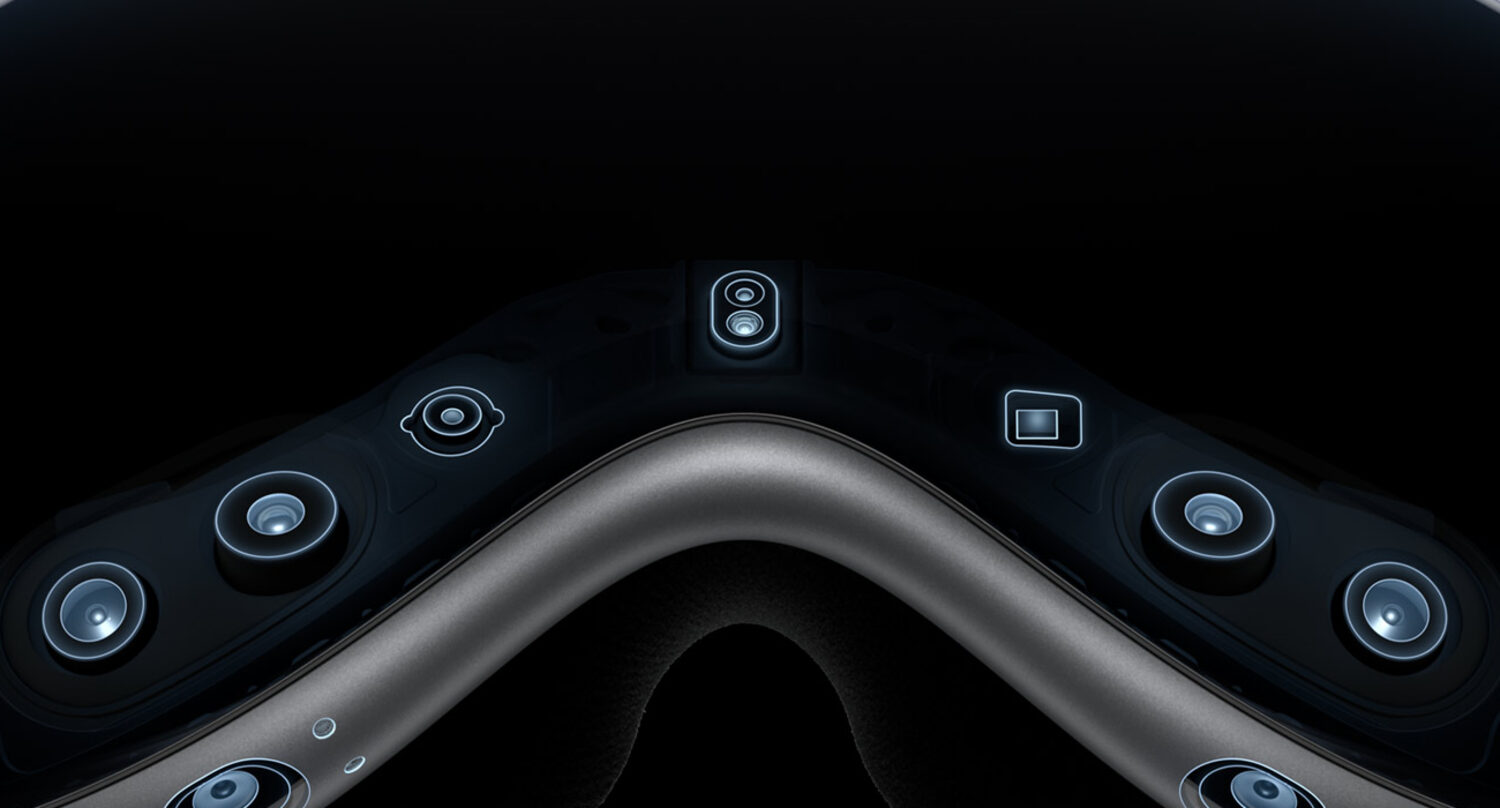 Glass study: the laminated curved glass of Apple Vision Pro catching a thin line of light