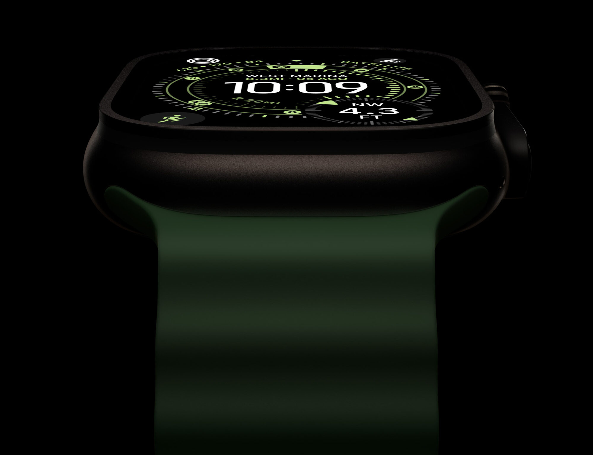 Apple Watch Ultra 3 in titanium, its compass face glowing green in a darkened gallery